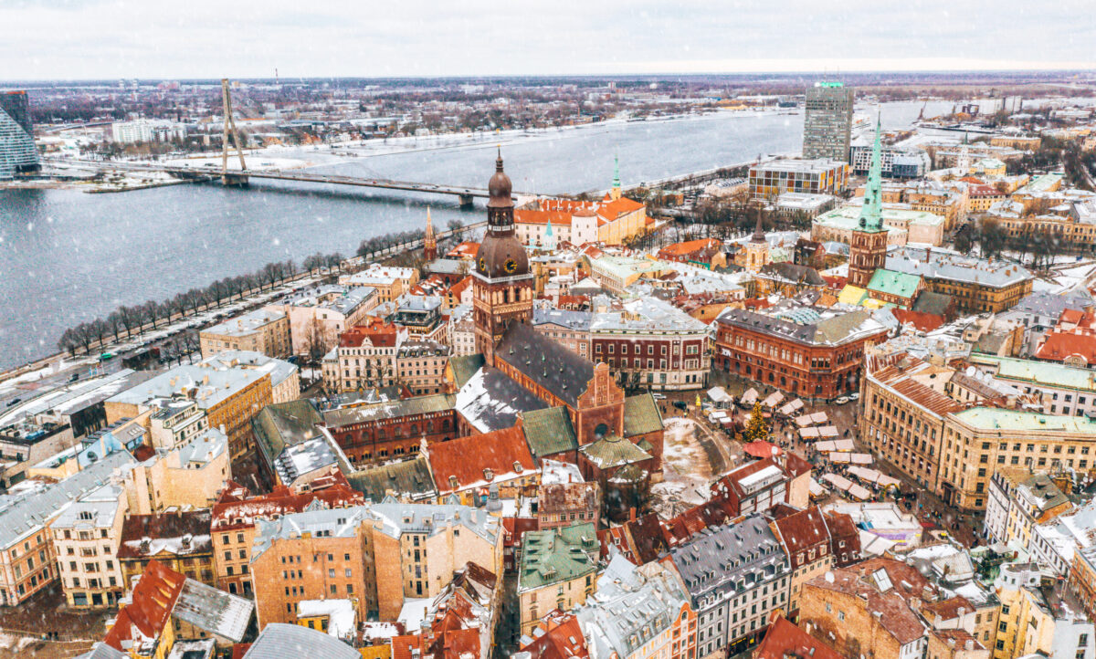 An aerial view of the rooftops of the old city in Riga, Latvia in winter